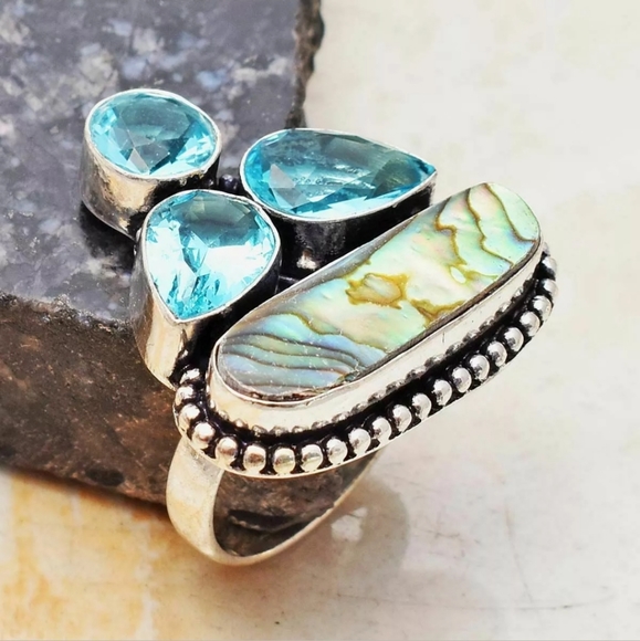 New Abalone Shell & Blue Topaz 925 Silver Ring. - Picture 7 of 7